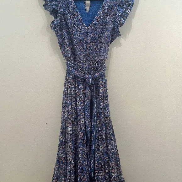 Women’s Cleobella Organic Cotton Blue Midi Dress Flutter Sleeves Size Large - Picture 2 of 5